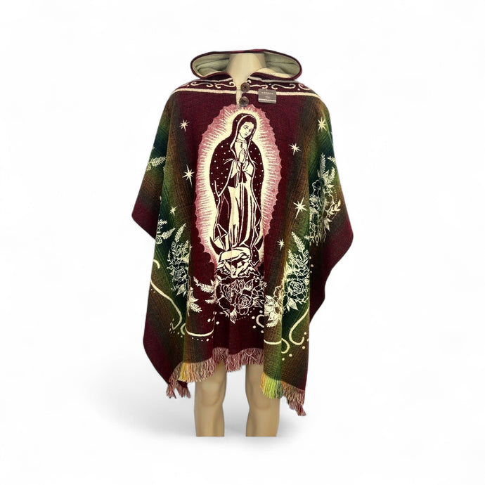 Poncho with a religious design on a Amaranth purple background 